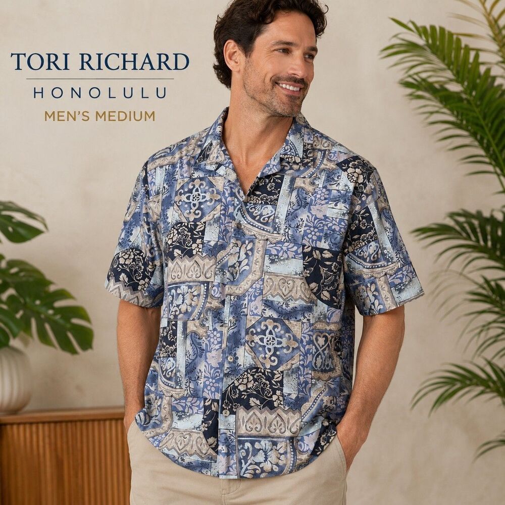 Tori Richard Honolulu Hawaiian Shirt Mens M Blue Patchwork Tile Print Cotton